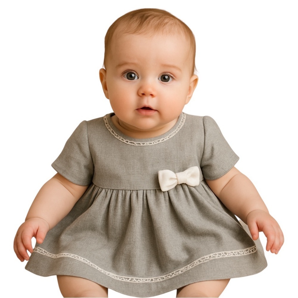 Tahari Gray Baby Dress with Bow Accent, Lace
Trim, Sz 18 months, worn once.